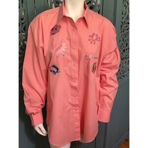 Vtg Las Olas Button up Shirt-Coral Ocean Theme-Appliqued Fish-Shells-Octopus-L